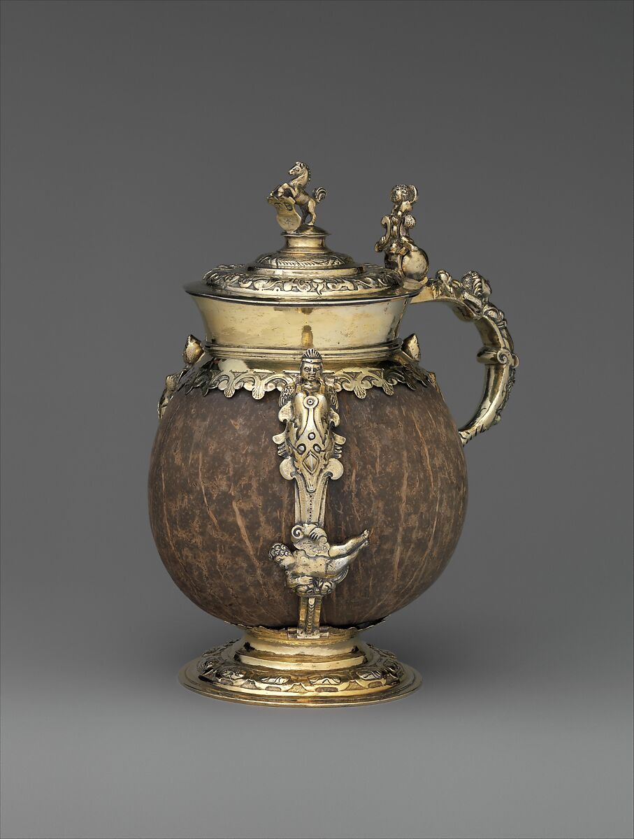 Coconut tankard, Andreas Fleischer (active 1605–18), Coconut shell, gilded silver, Hungarian, Nagyszeben 
