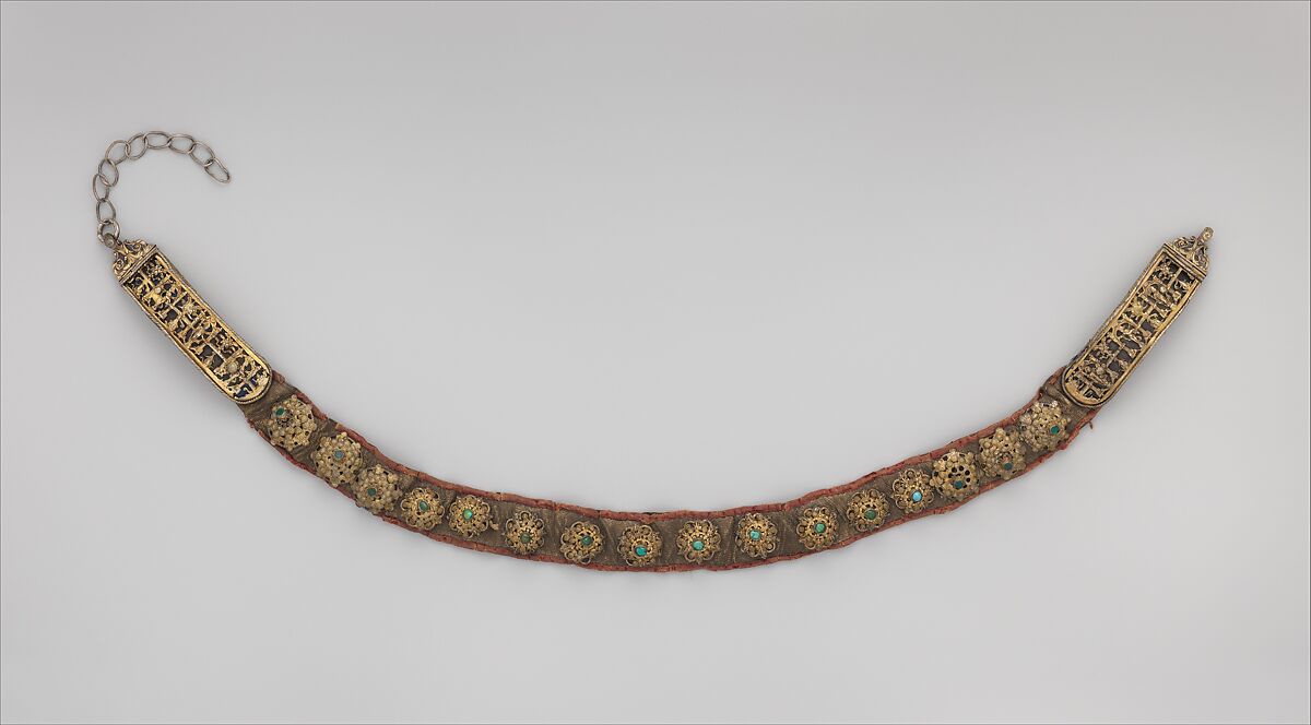 Belt, Simon Henek (active 1609–29), Gilded silver, turquoise, glass pastes, silk velvet, metal threads, Hungarian, Brassó 