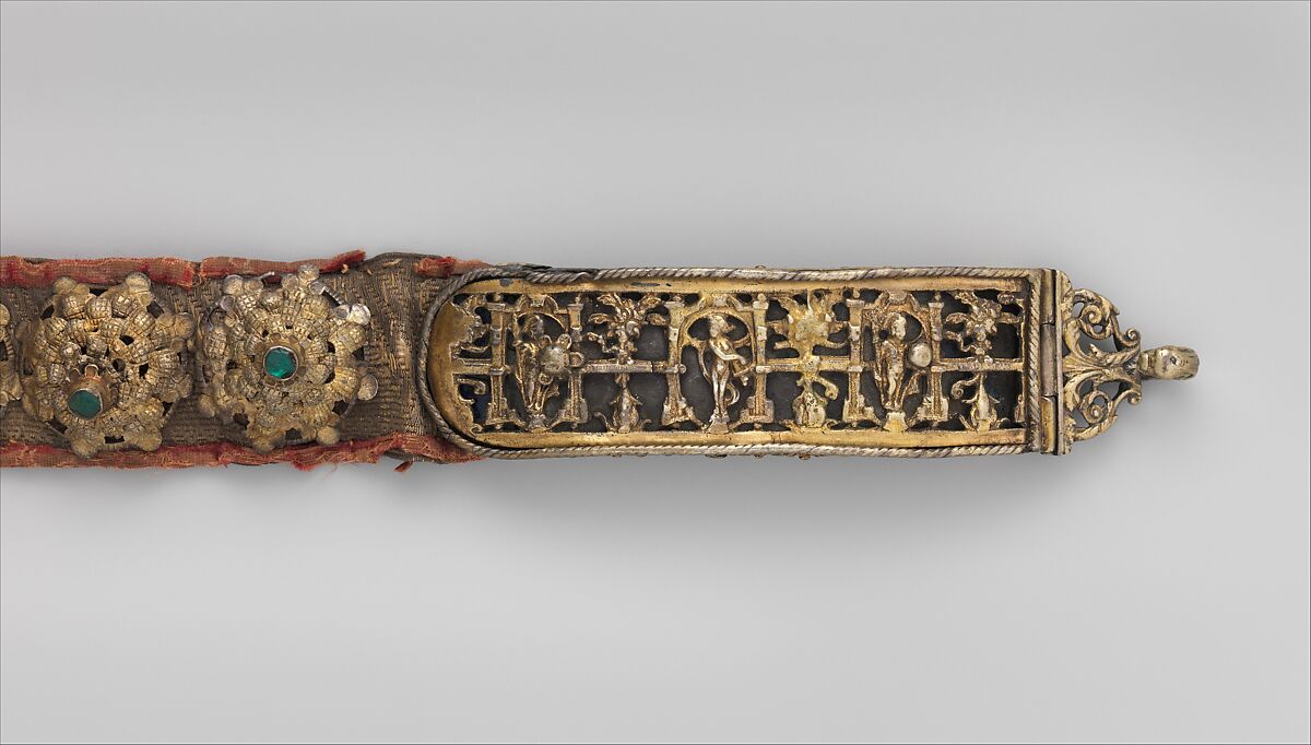 Belt, Simon Henek (active 1609–29), Gilded silver, turquoise, glass pastes, silk velvet, metal threads, Hungarian, Brassó