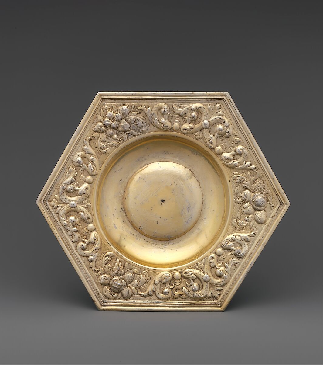 Hexagonal dish (part of a set), Paulus Roth (active 1646–89), Gilded silver, Hungarian, Brassó 