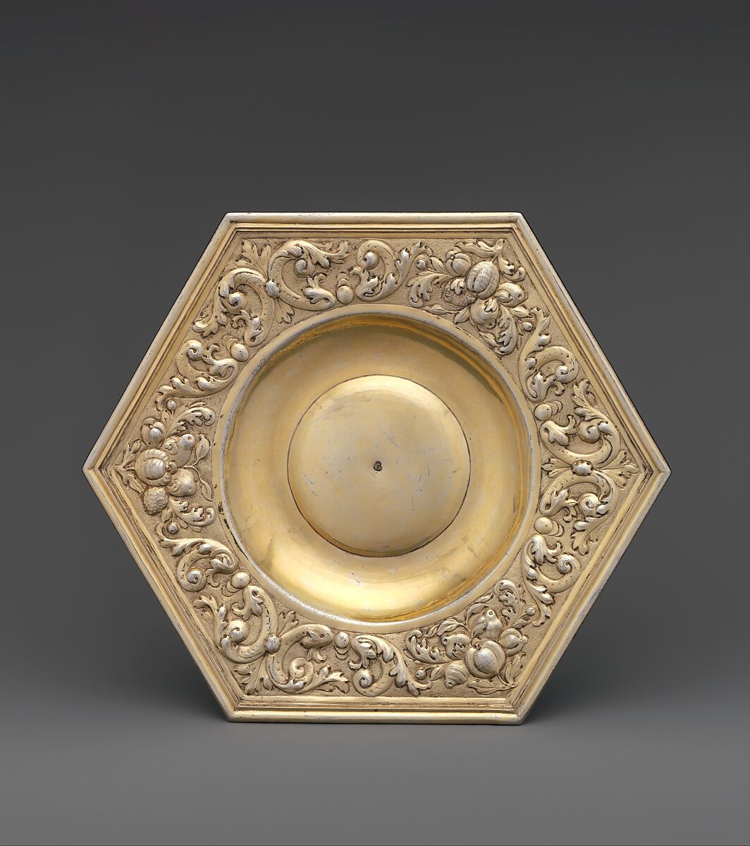 Hexagonal dish (part of a set), Paulus Roth (active 1646–89), Gilded silver, Hungarian, Brassó 