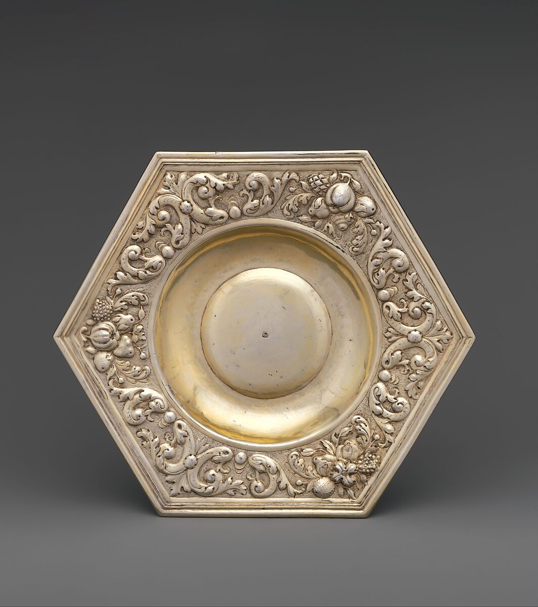 Hexagonal dish (part of a set), Paulus Roth (active 1646–89), Gilded silver, Hungarian, Brassó 