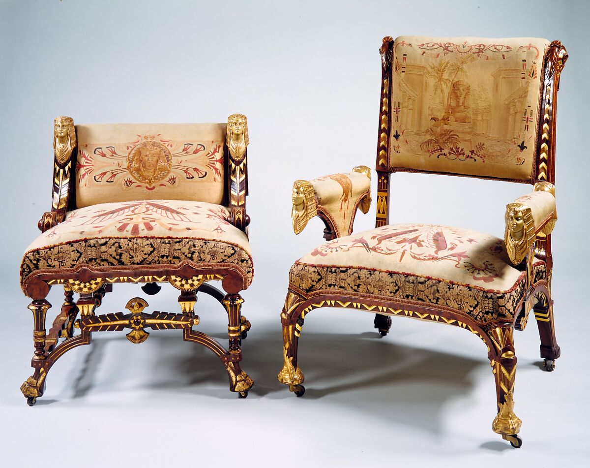 Armchair, Attributed to Pottier and Stymus Manufacturing Company (active ca. 1858–1918/19), Rosewood, prickly juniper veneer, gilding, brass, original tapestry upholstery, American