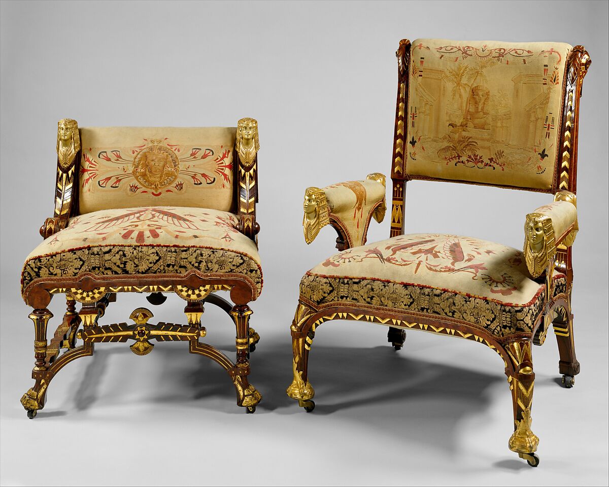 Armchair, Attributed to Pottier and Stymus Manufacturing Company (active ca. 1858–1918/19), Rosewood, prickly juniper veneer, gilding, brass, original tapestry upholstery, American 