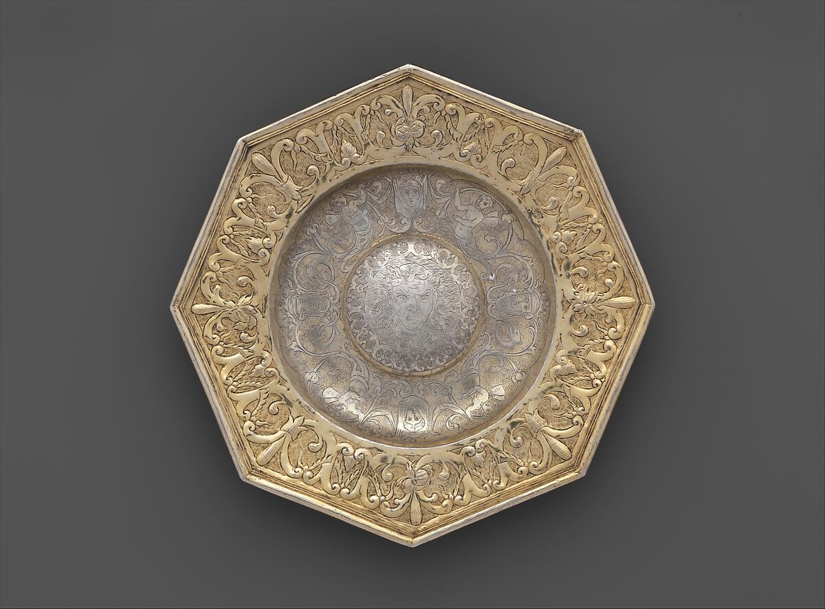 Octagonal dish, Unidentified Master P.M., Gilded silver, Hungarian, Beszterce 