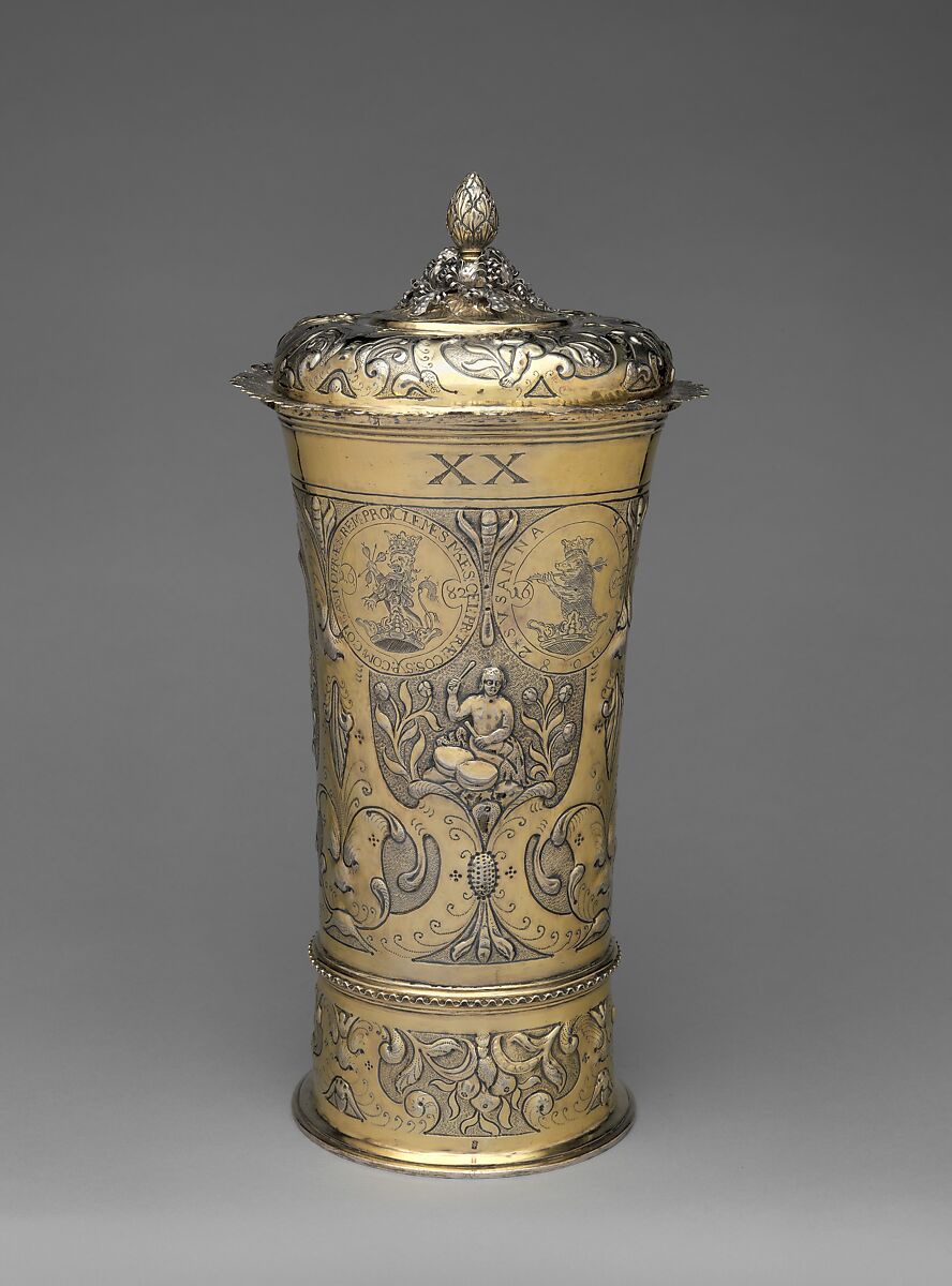 Footed beaker with cover, Johannes (Hans) Mautner (master 1670, died 1694), Gilded silver, Hungarian, Brassó 