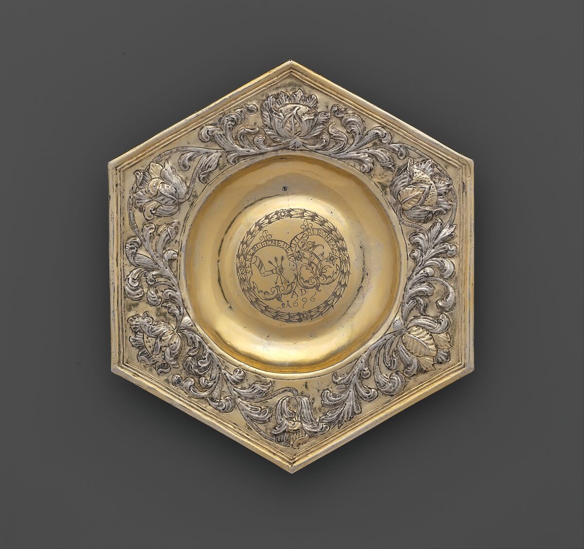 Hexagonal dish, Silver, partly gilded, Hungarian, Transylvania 