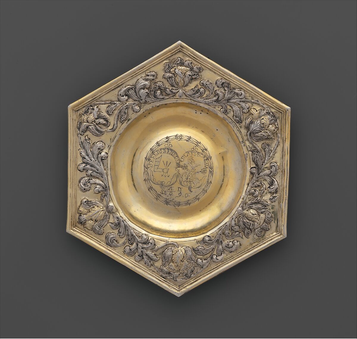 Hexagonal dish, Silver, partly gilded, Hungarian, Transylvania 