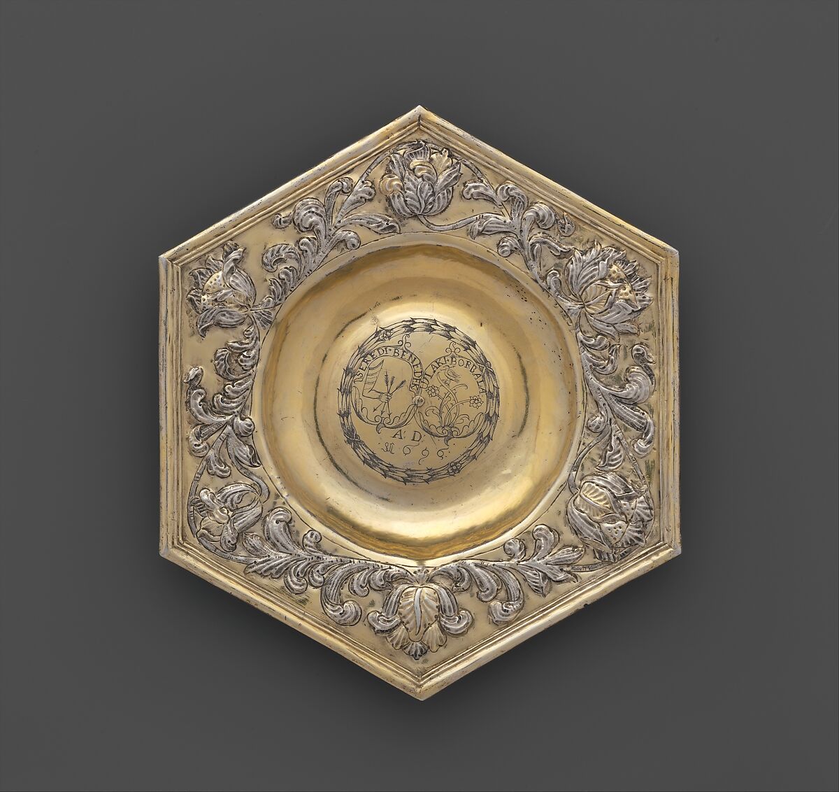 Hexagonal dish, Silver, partly gilded, Hungarian, Transylvania 