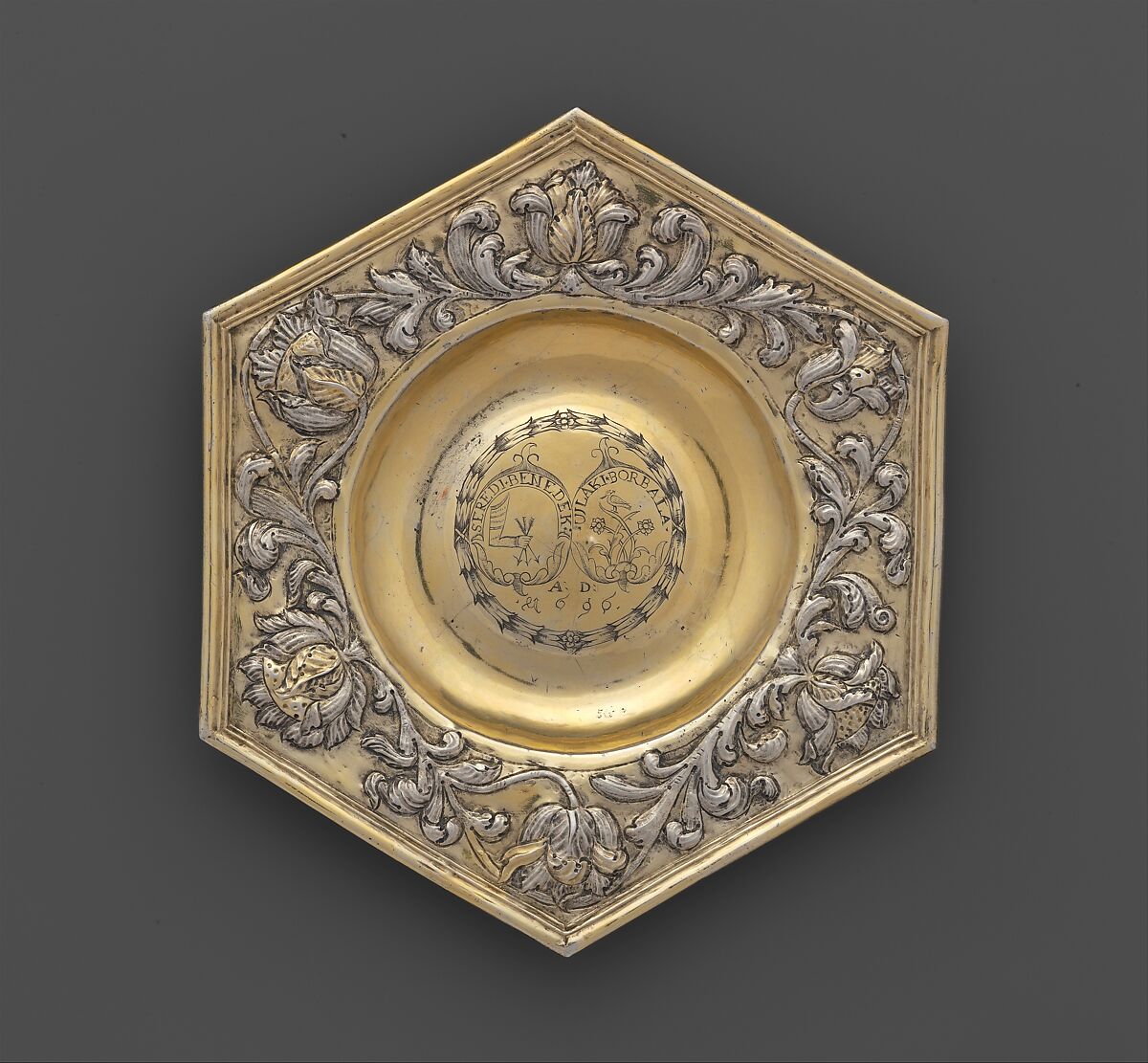 Hexagonal dish, Silver, partly gilded, Hungarian, Transylvania 