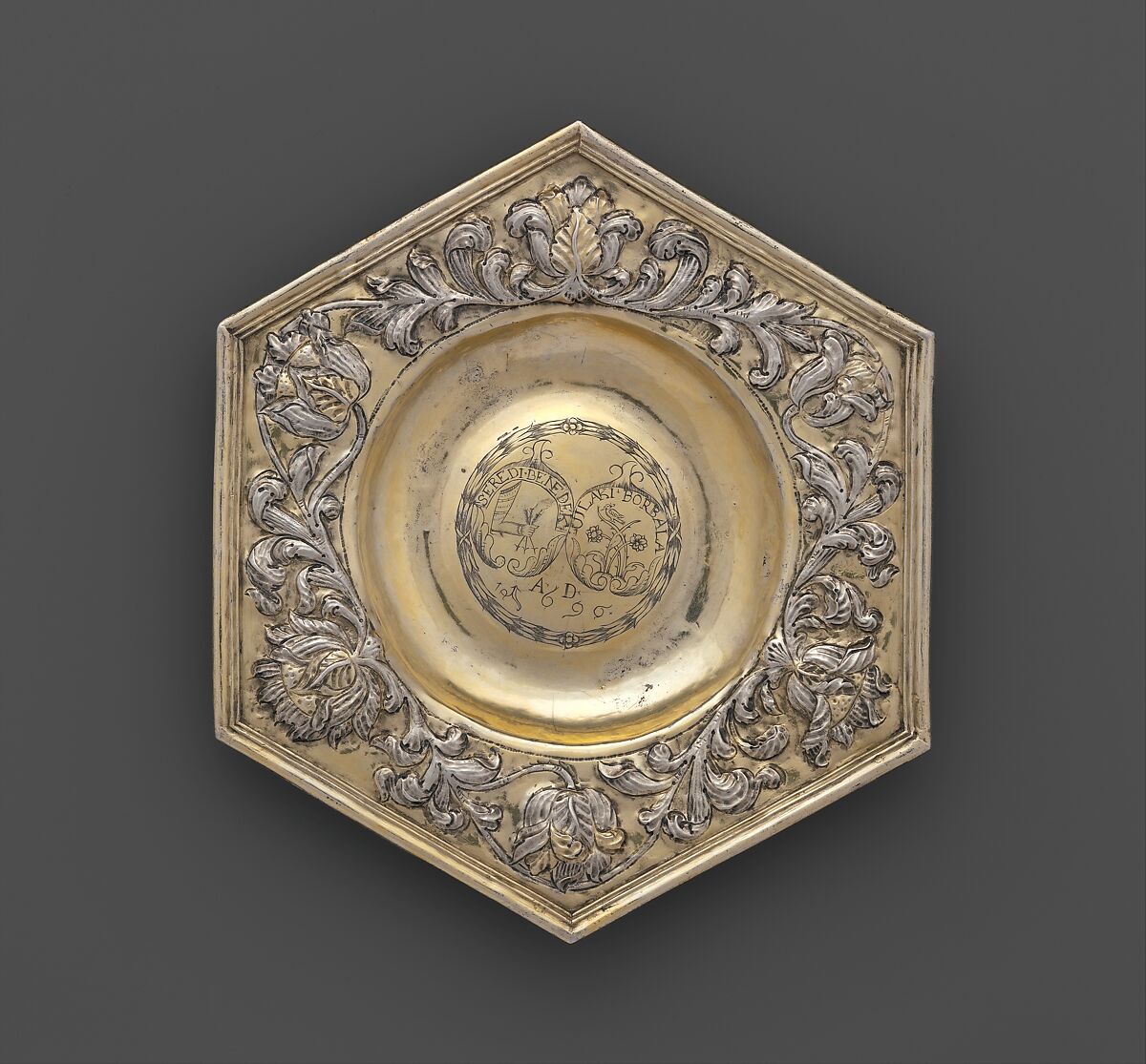 Hexagonal dish, Silver, partly gilded, Hungarian, Transylvania 