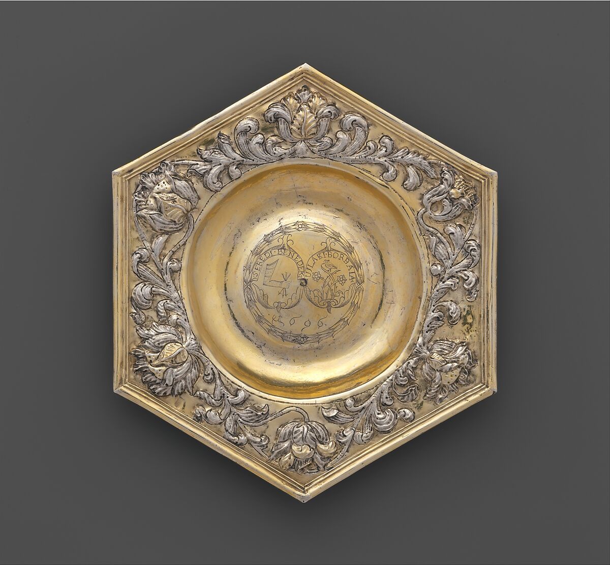 Hexagonal dish, Silver, partly gilded, Hungarian, Transylvania 