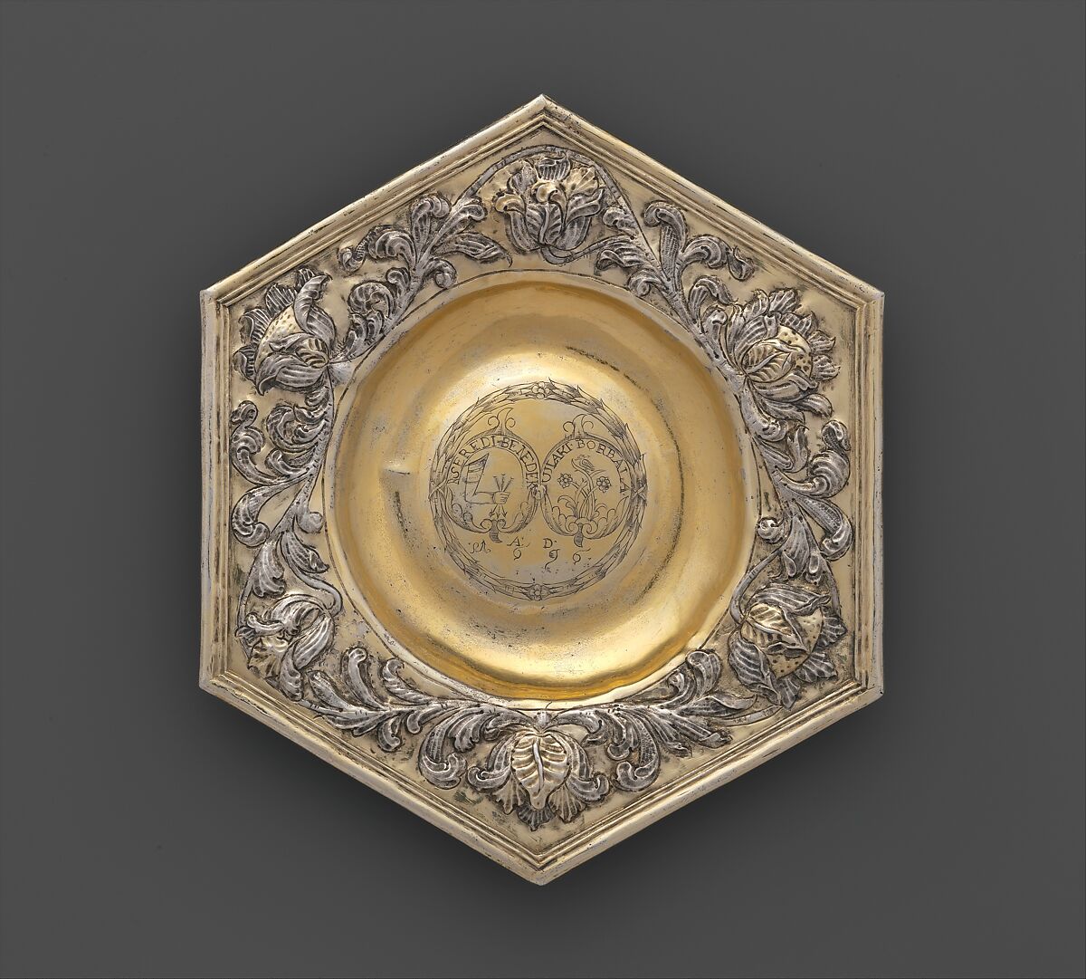 Hexagonal dish, Silver, partly gilded, Hungarian, Transylvania 