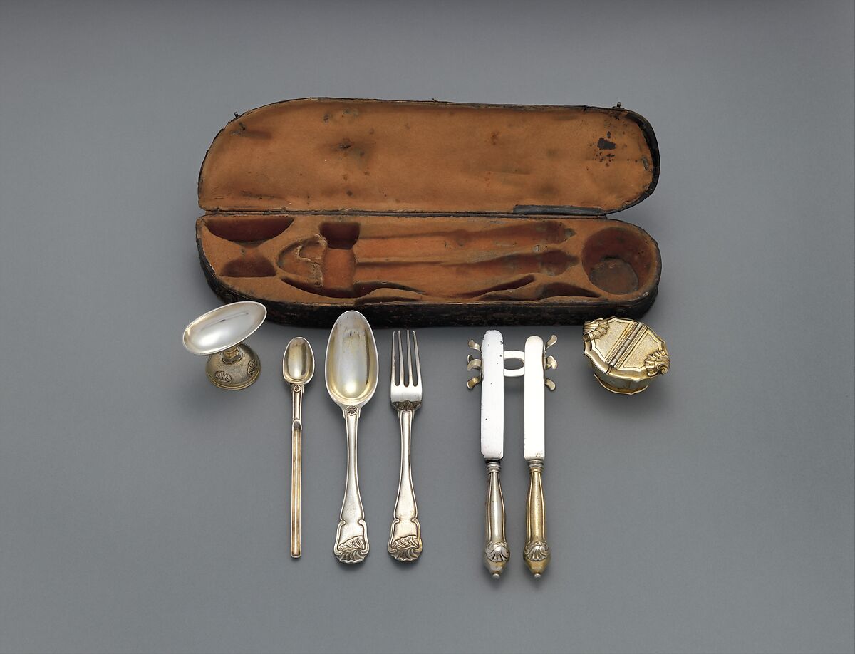 Traveling set, I.F. (Hungarian), Silver, partly gilded, steel, tooled leather, Hungarian, Érsekújvár