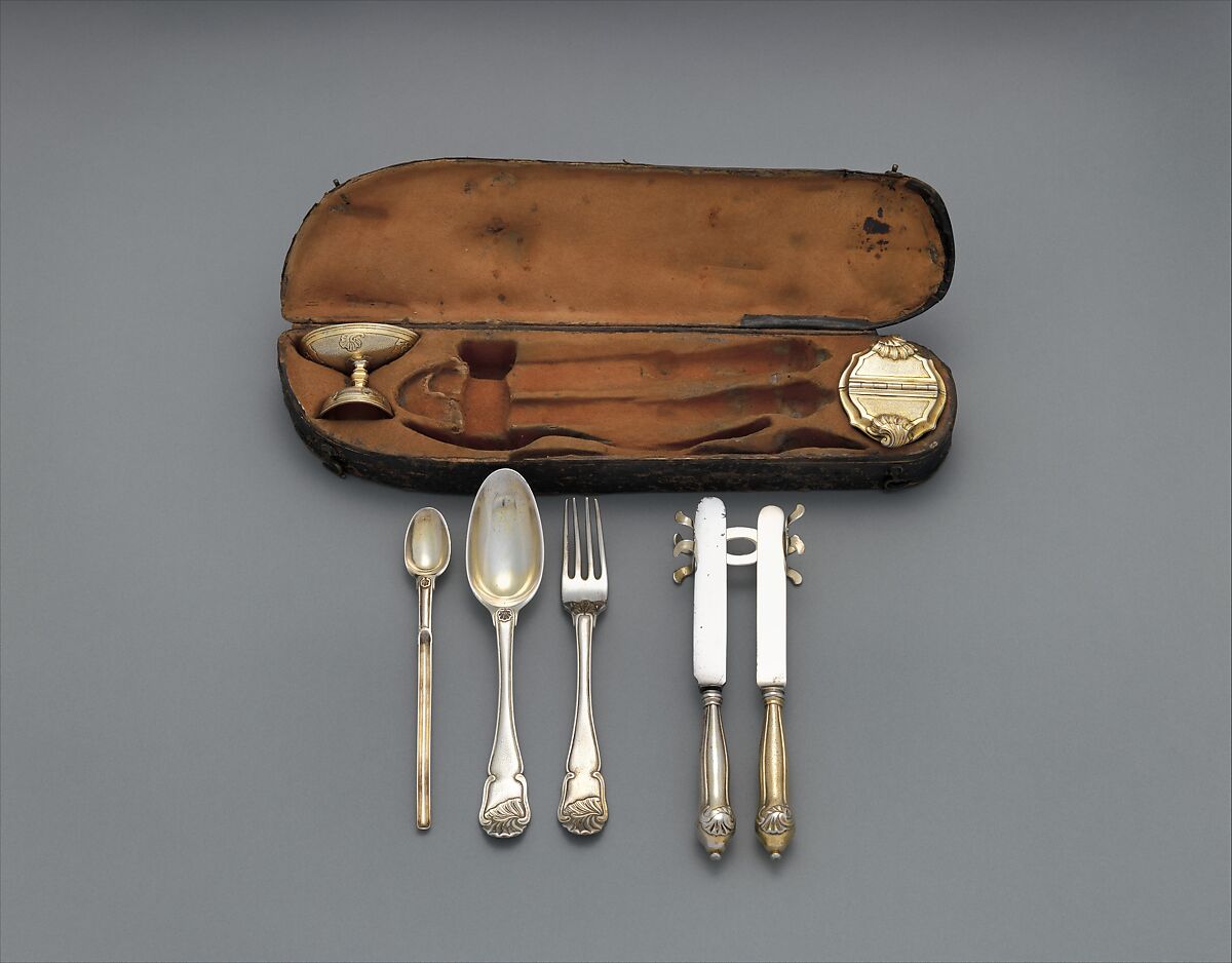 Traveling set, I.F. (Hungarian), Silver, partly gilded, steel, tooled leather, Hungarian, Érsekújvár
