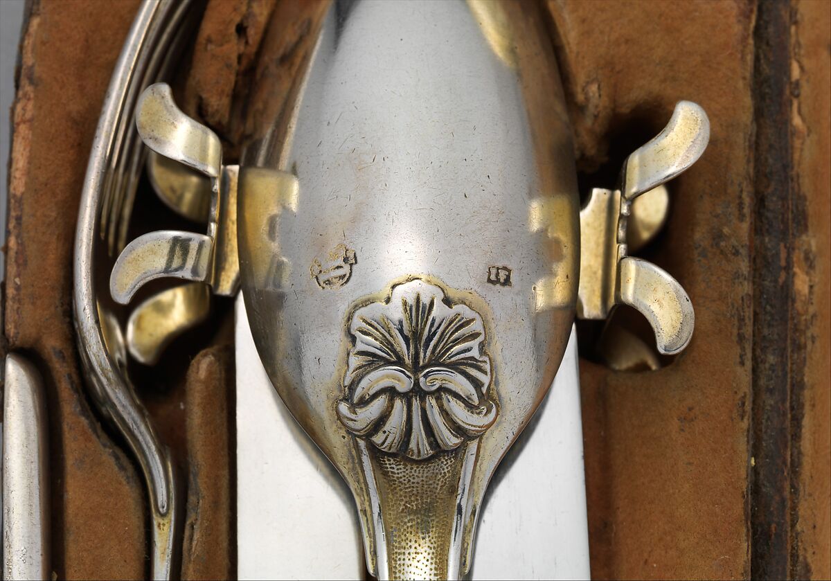 Traveling set, I.F. (Hungarian), Silver, partly gilded, steel, tooled leather, Hungarian, Érsekújvár