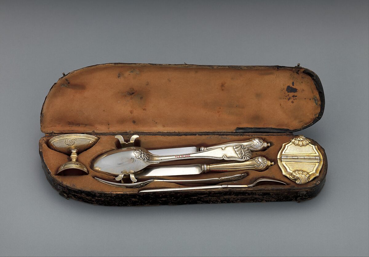 Traveling set, I.F. (Hungarian), Silver, partly gilded, steel, tooled leather, Hungarian, Érsekújvár 