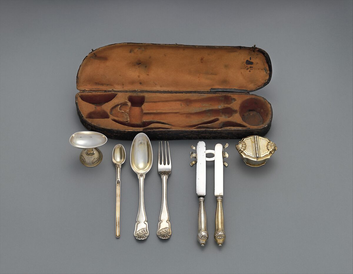 Traveling set, I.F. (Hungarian), Silver, partly gilded, steel, tooled leather, Hungarian, Érsekújvár