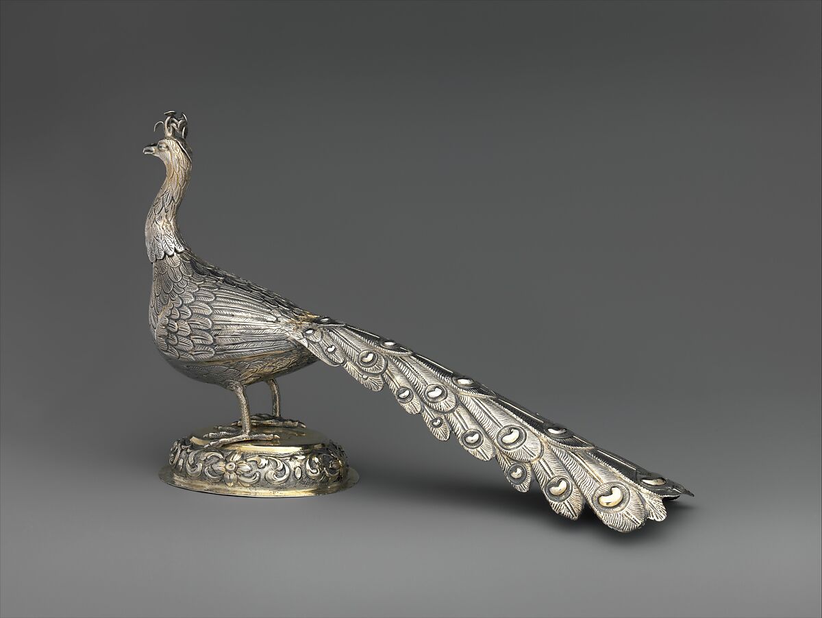 Table decoration in the form of a peacock, Silver, partly gilded, Hungarian, Munkács