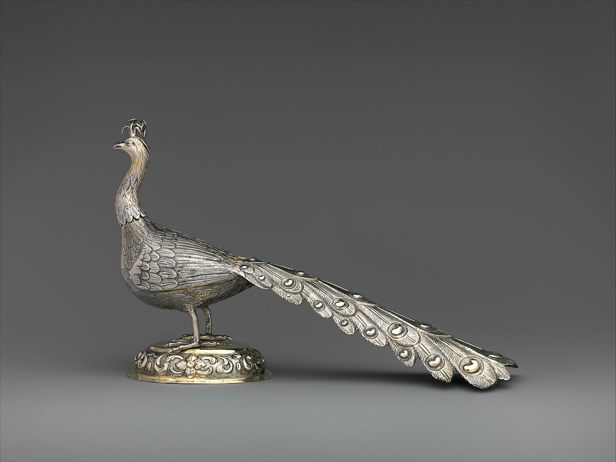 Table decoration in the form of a peacock, Silver, partly gilded, Hungarian, Munkács 