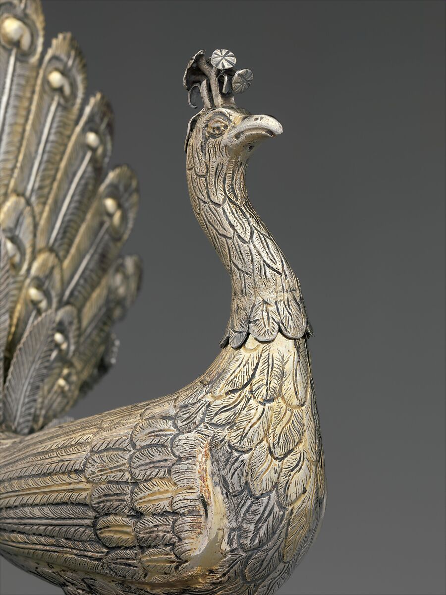 Table decoration in the form of a peacock, Silver, partly gilded, Hungarian, Munkács
