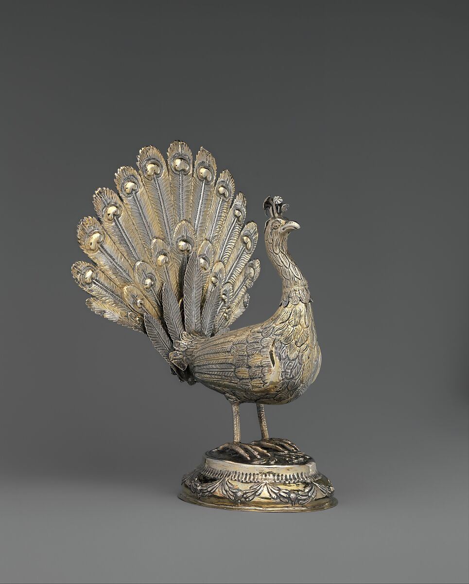 Table decoration in the form of a peacock, Silver, partly gilded, Hungarian, Munkács 