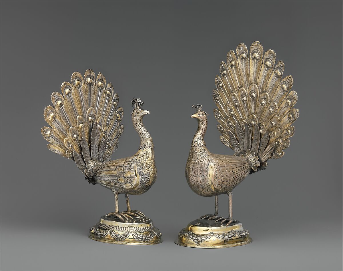 Table decoration in the form of a peacock, Silver, partly gilded, Hungarian, Munkács