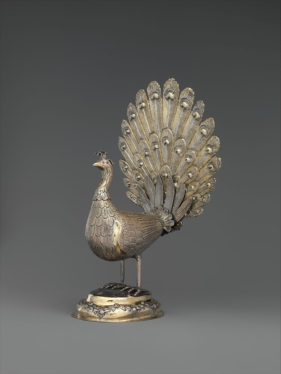 Table decoration in the form of a peacock, Silver, partly gilded, Hungarian, Munkács 