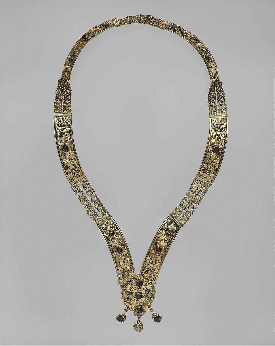 Belt, Michael Erkeder (master in 1736, died 1756), Silver, partly gilded, pearls, garnets, Hungarian, Brassó 