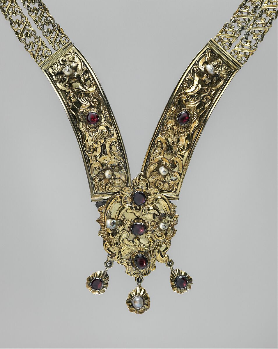 Belt, Michael Erkeder (master in 1736, died 1756), Silver, partly gilded, pearls, garnets, Hungarian, Brassó