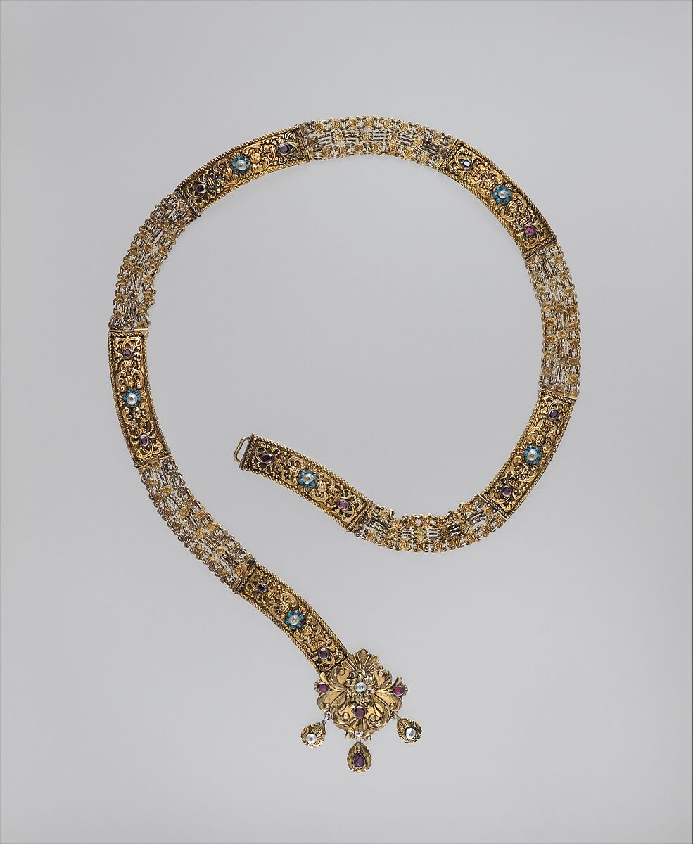 Belt, Gilded silver, pearls, garnets, Hungarian, Kolozsvár 