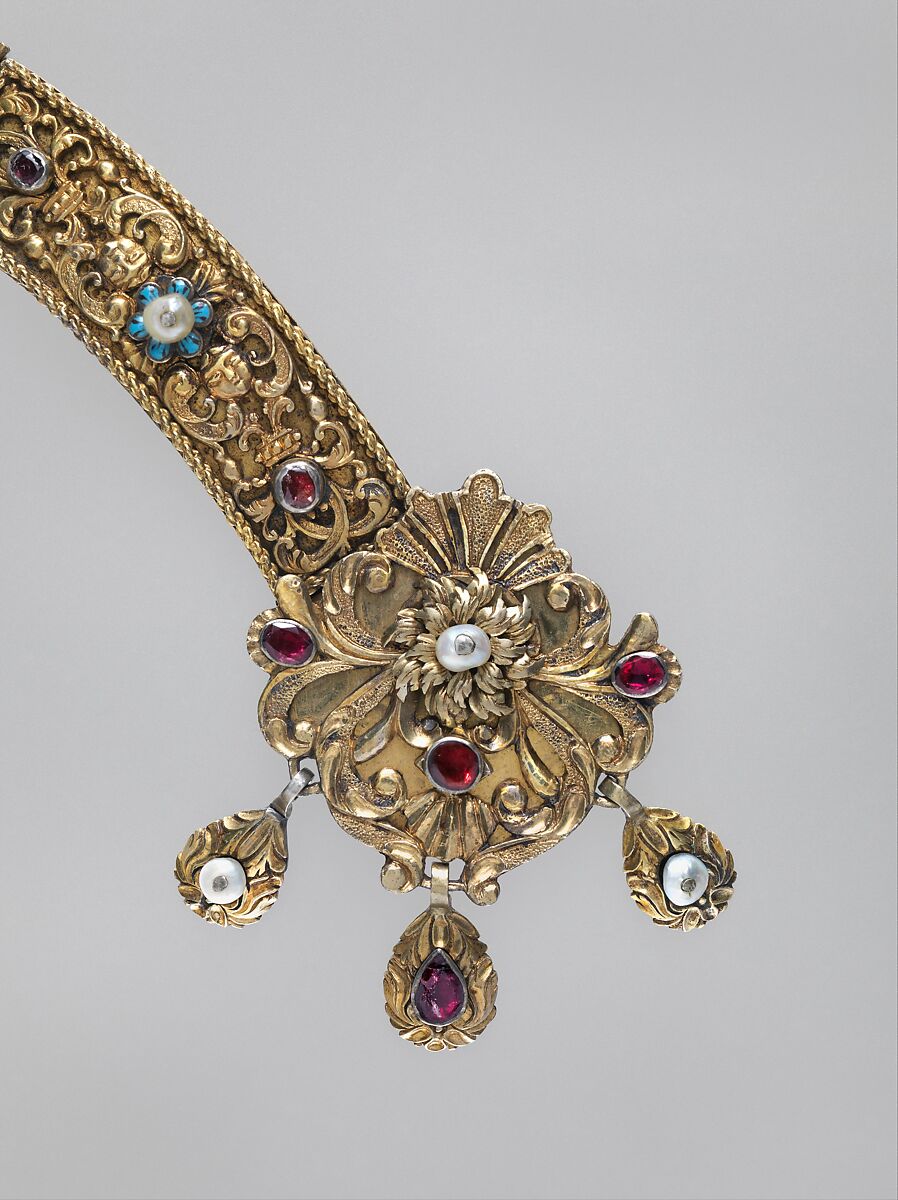Belt, Gilded silver, pearls, garnets, Hungarian, Kolozsvár