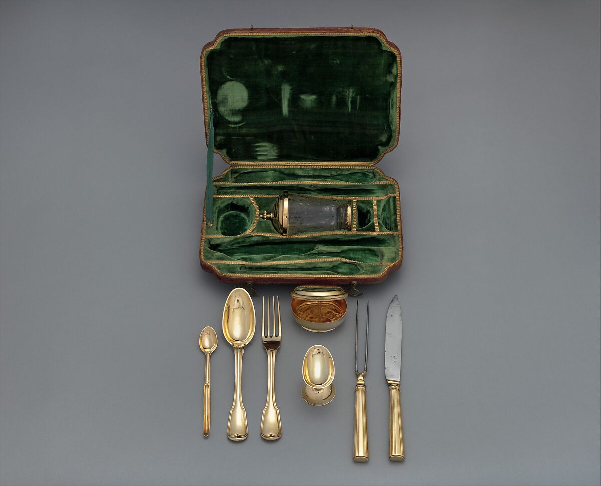 Traveling set with glass beaker in case, Samuel Bardet (German, ca. 1719 –1800, master in 1759), Gilded silver, steel, glass, dyed and gold-tooled leather, velvet, German, Augsburg