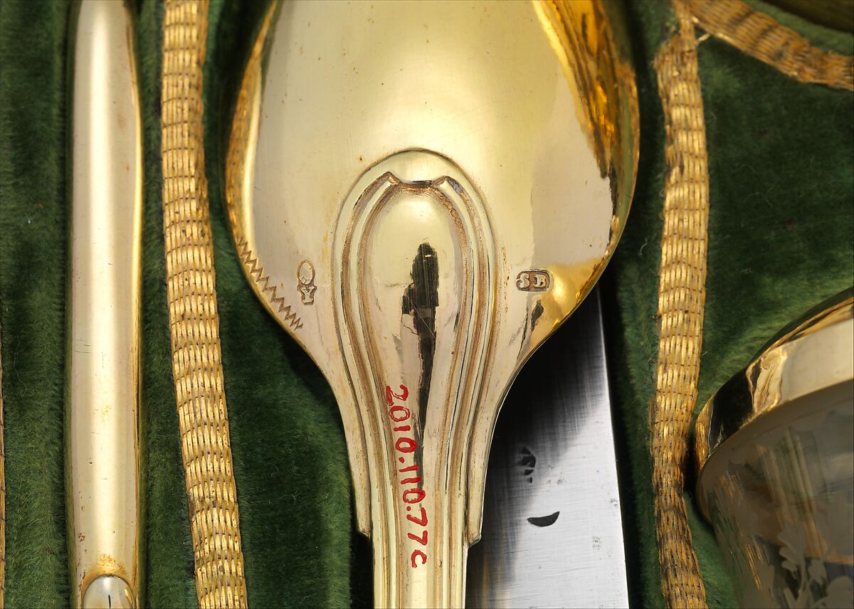 Traveling set with glass beaker in case, Samuel Bardet (German, ca. 1719 –1800, master in 1759), Gilded silver, steel, glass, dyed and gold-tooled leather, velvet, German, Augsburg