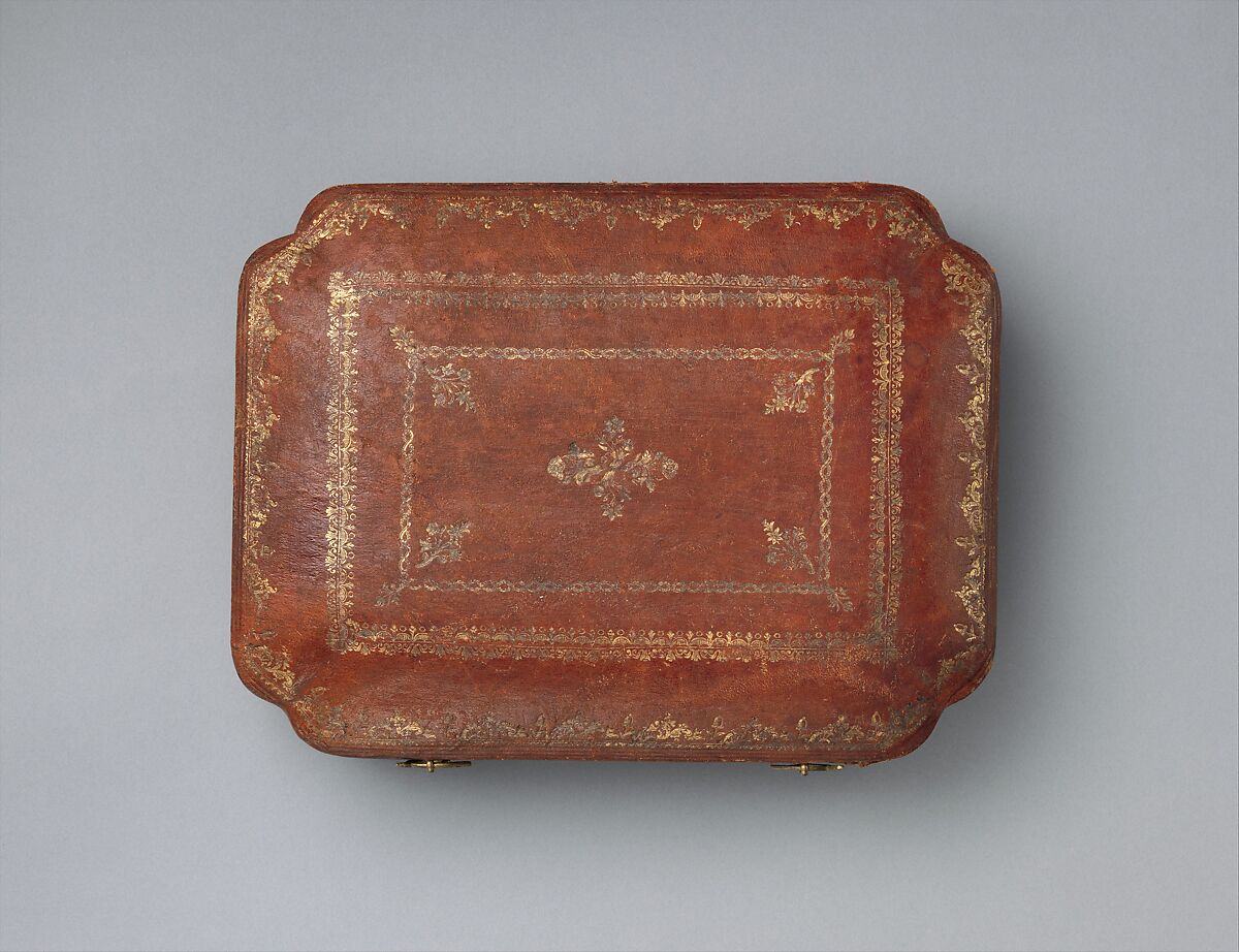 Traveling set with glass beaker in case, Samuel Bardet (German, ca. 1719 –1800, master in 1759), Gilded silver, steel, glass, dyed and gold-tooled leather, velvet, German, Augsburg