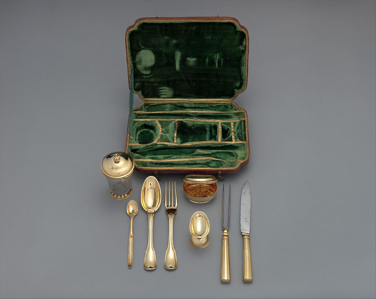 Traveling set with glass beaker in case, Samuel Bardet (German, ca. 1719 –1800, master in 1759), Gilded silver, steel, glass, dyed and gold-tooled leather, velvet, German, Augsburg