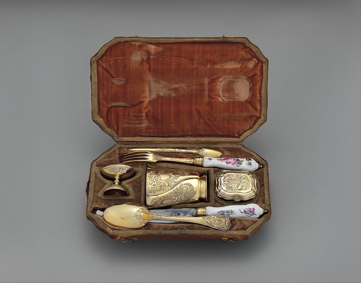 Traveling set in leather case, Johann Ludwig Laminit (German, 1696–1752), Gilded silver, steel, Meissen porcelain, tooled leather, velvet, German, Augsburg 