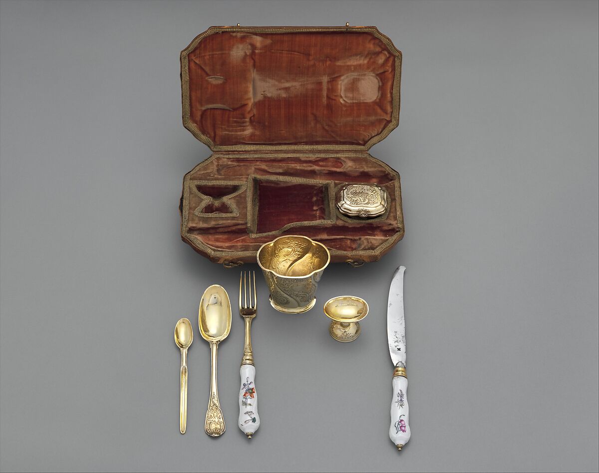 Traveling set in leather case, Johann Ludwig Laminit (German, 1696–1752), Gilded silver, steel, Meissen porcelain, tooled leather, velvet, German, Augsburg