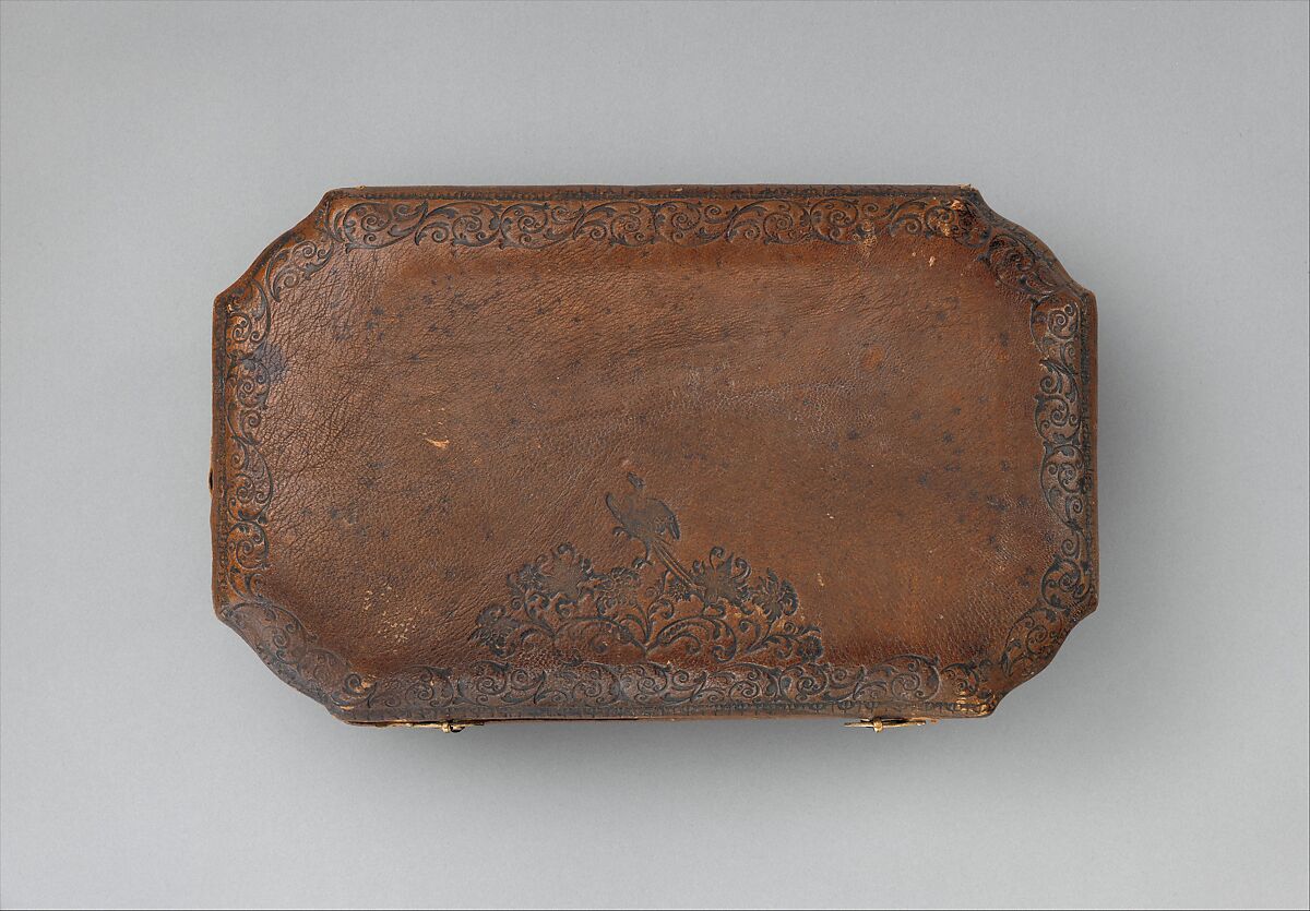 Traveling set in leather case, Johann Ludwig Laminit (German, 1696–1752), Gilded silver, steel, Meissen porcelain, tooled leather, velvet, German, Augsburg