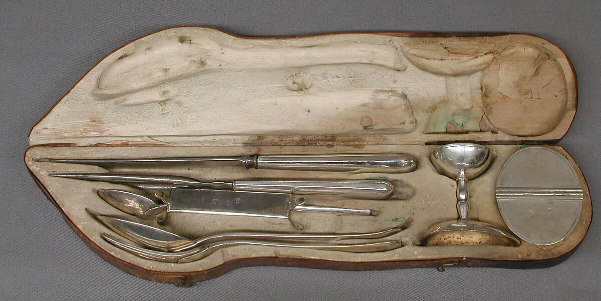 Traveling set in leather case, Silver, partly gilded, steel, tooled leather, Hungarian