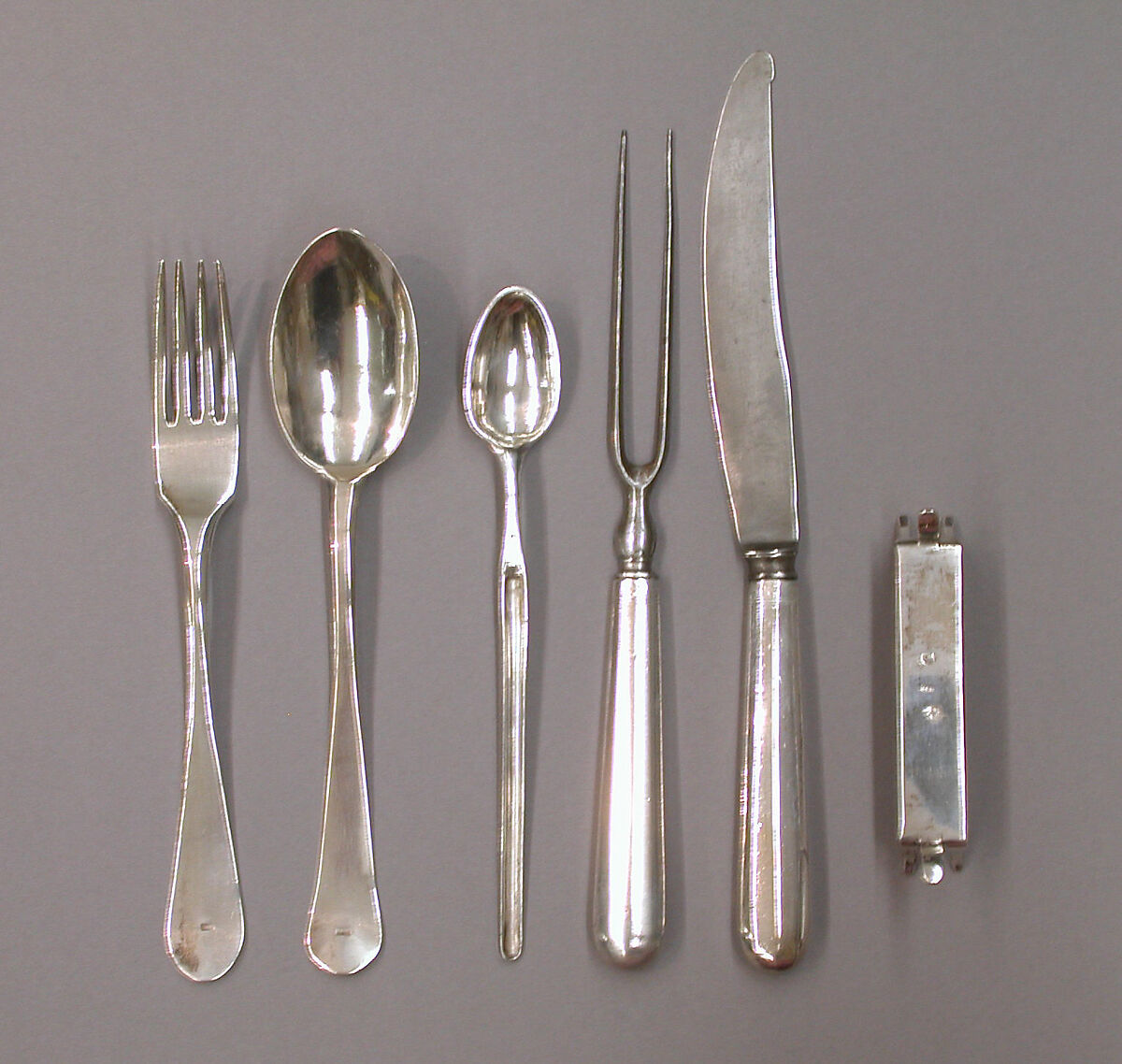 Traveling set in leather case, Silver, partly gilded, steel, tooled leather, Hungarian