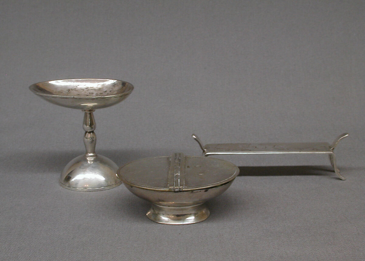 Traveling set in leather case, Silver, partly gilded, steel, tooled leather, Hungarian