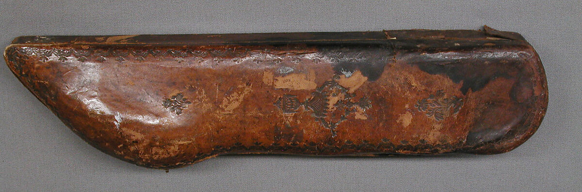 Traveling set in leather case, Silver, partly gilded, steel, tooled leather, Hungarian