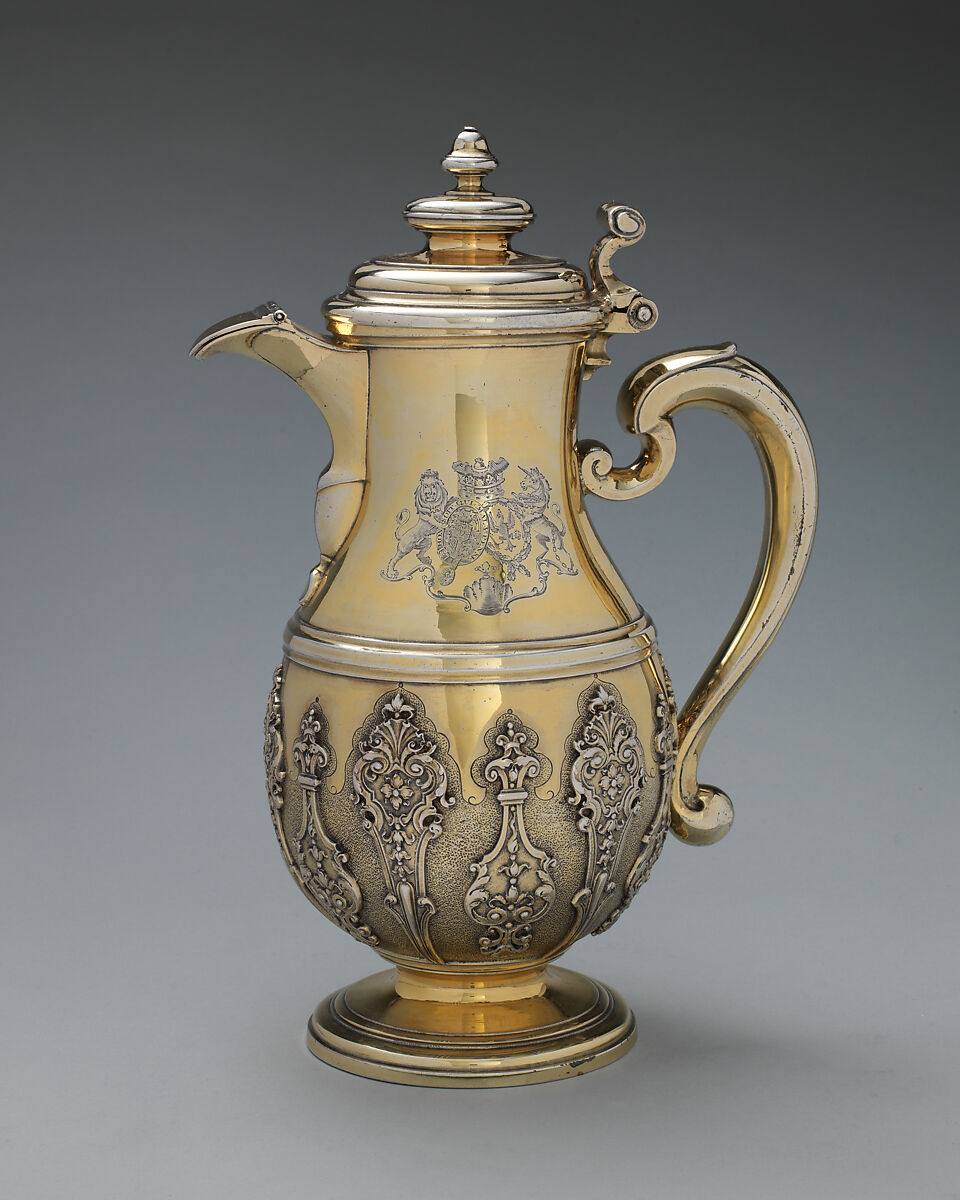 Jug with cover (one of a pair), Simon Pantin I (British, ca. 1672–1728), Silver gilt, British, London 