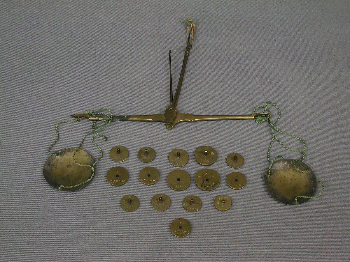 Balance and weights with case, Brass, wood, leather, suede, steel, linen cord, possibly Bohemian, Prague