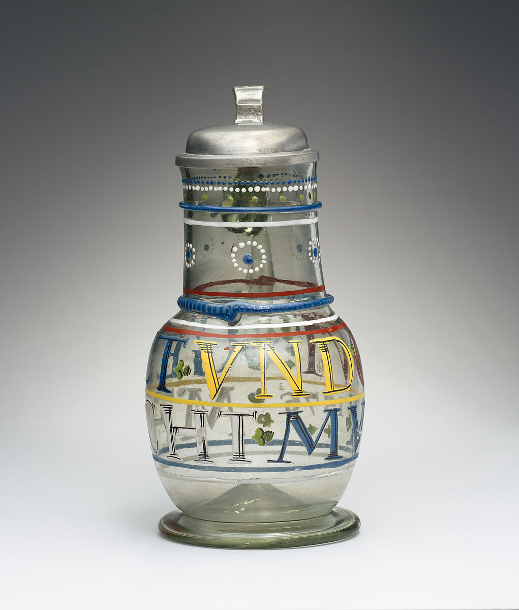 Jug with cover, Glass, pewter, Bohemian