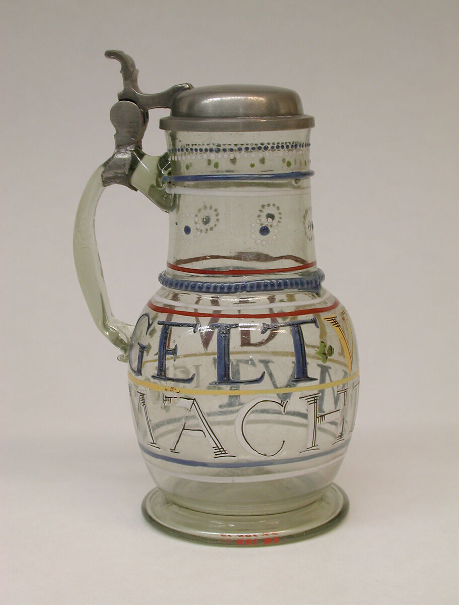 Jug with cover, Glass, pewter, Bohemian 