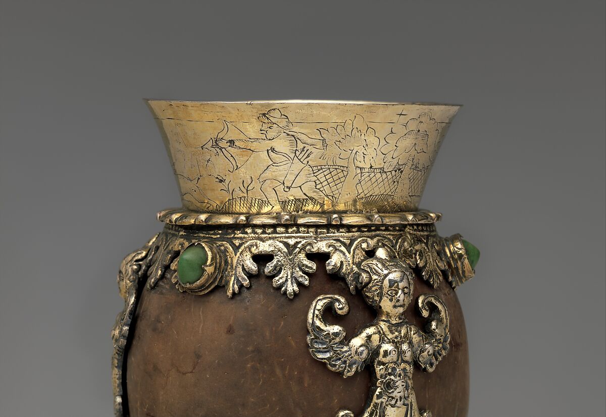Coconut cup, Johannes Fridericus Benedick (active ca. 1632–51), Gilded silver, coconut, turquoise, Hungarian, Nagyszeben
