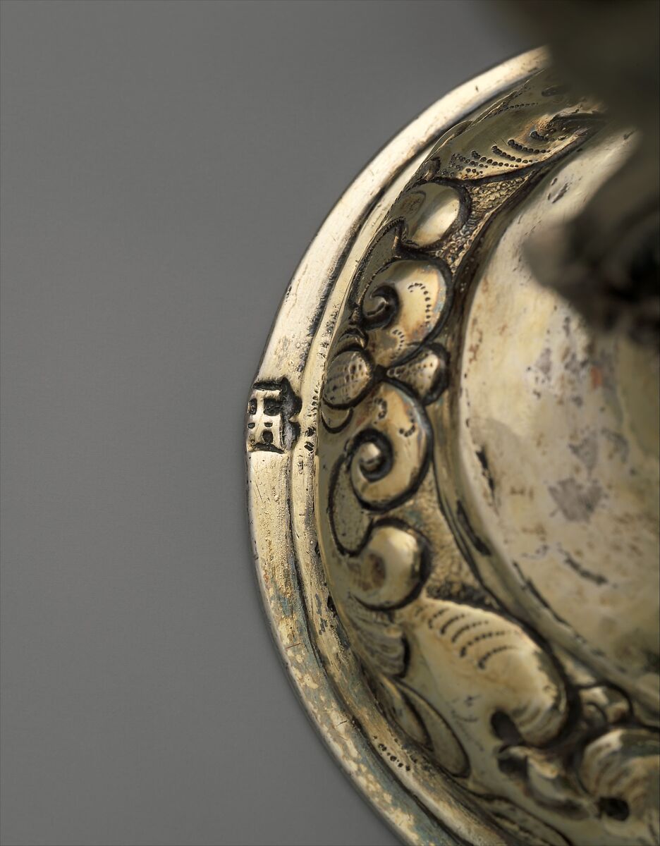 Coconut cup, Johannes Fridericus Benedick (active ca. 1632–51), Gilded silver, coconut, turquoise, Hungarian, Nagyszeben