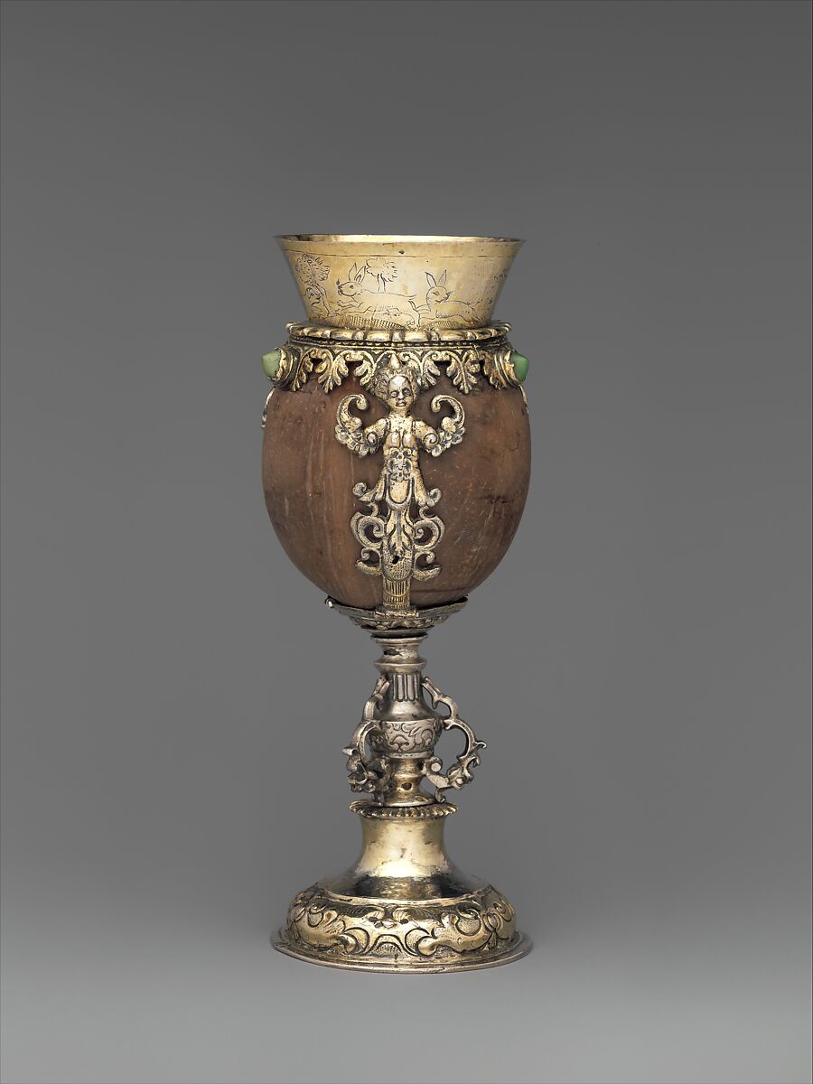 Coconut cup, Johannes Fridericus Benedick (active ca. 1632–51), Gilded silver, coconut, turquoise, Hungarian, Nagyszeben 